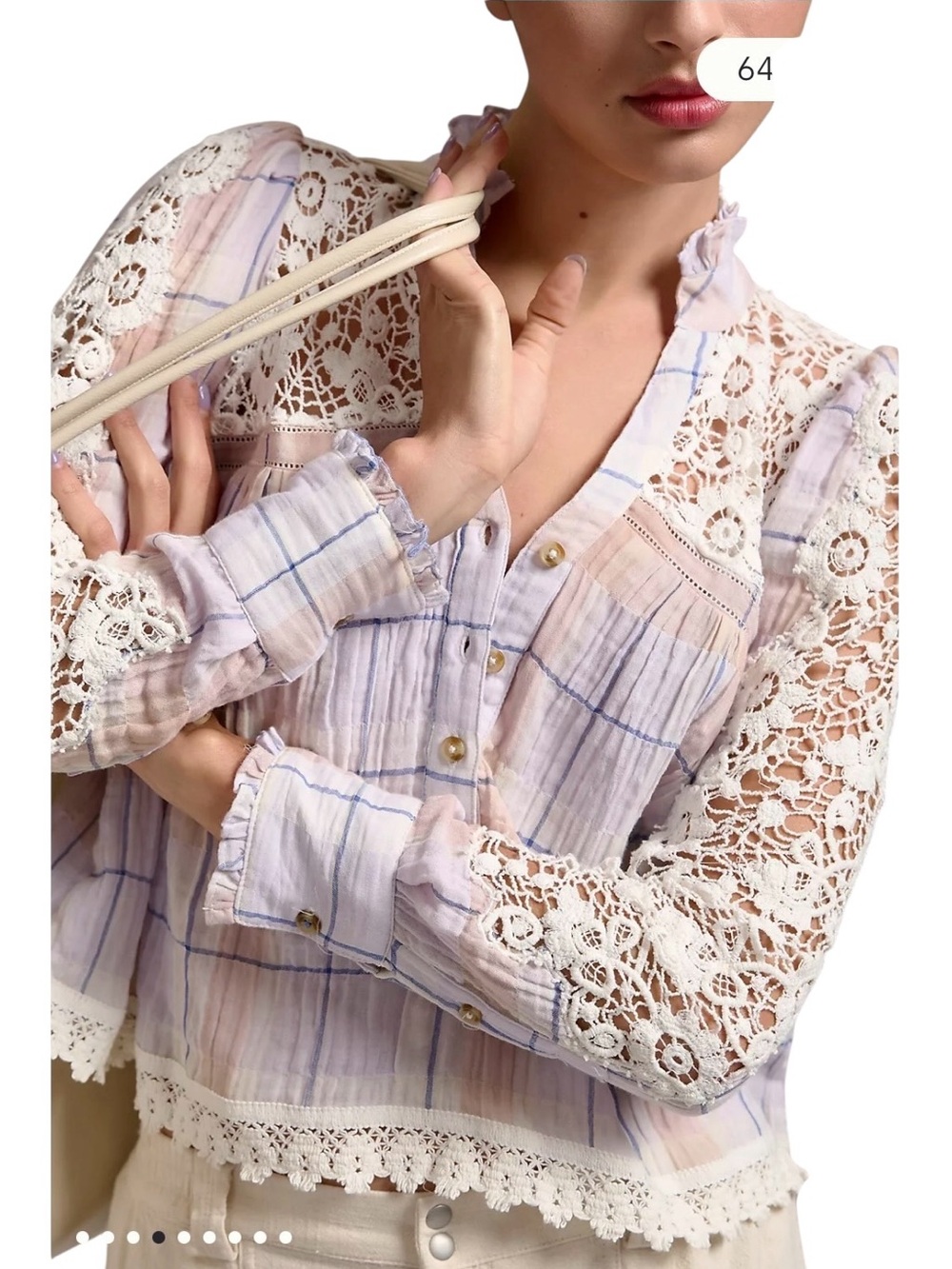 Light Purple Plaid Crochet Trim Button-Up Top - Picture 4 of 14